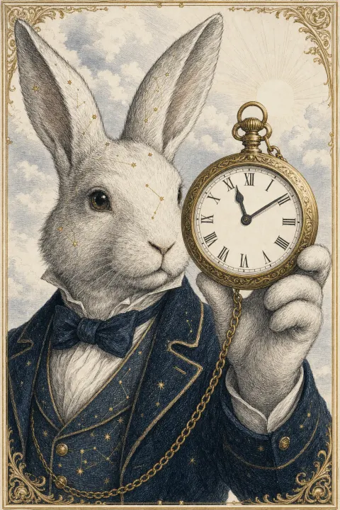 Whity, der weiße Kaninchen-Wächter, mit der Taschenuhr auf 11:11 — Symbolbild zur Spiegelstunde